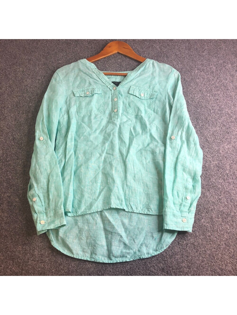 Talbots 100% Linen Top Womens Petite Small Turquoise Coastal Grandma Pocket